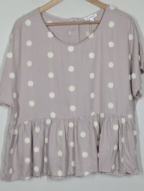 NWT Blu Pepper Textured Swiss Dot Polka Dot Peplum Babydoll Top L Preppy Church